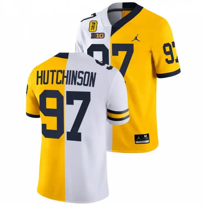 Michigan Wolverines Men's Aidan Hutchinson #97 Maize White Limited TM 42 Patch Split Edition College Football Jersey 2415TFND3