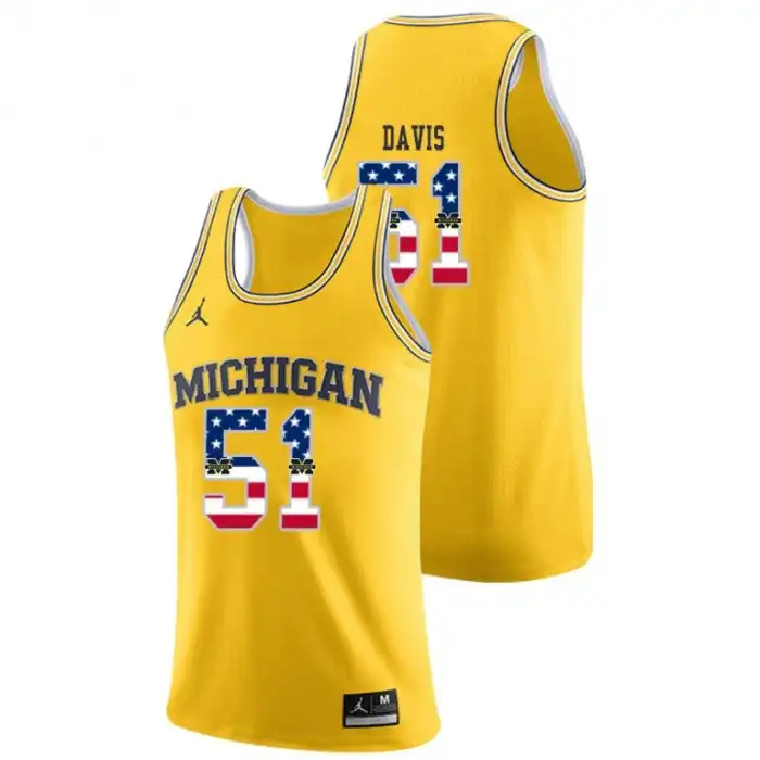 Michigan Wolverines Men's Austin Davis #51 USA Flag Yellow College Basketball Jersey 2415USUS7