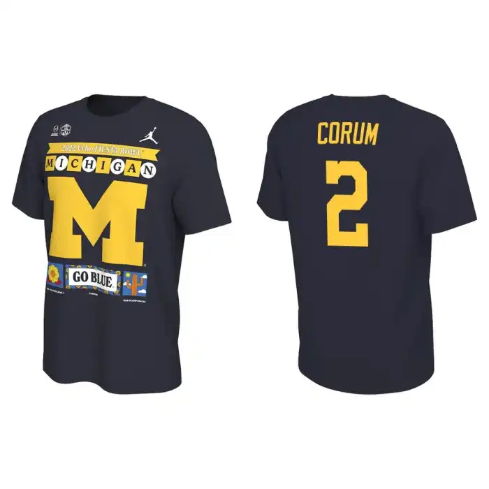 Michigan Wolverines Men's Blake Corum #2 Playoff 2022 Fiesta Bowl Illustrated Navy College Football T-Shirt 2415QZMU6