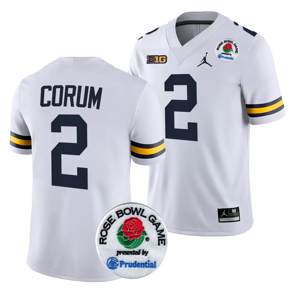 Michigan Wolverines Men's Blake Corum #2 White 2024 Rose Bowl Playoff College Football Jersey 2415ZGLU5