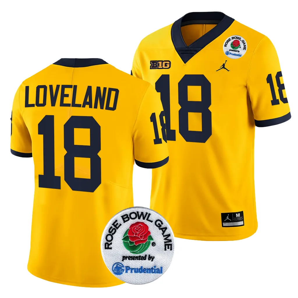 Michigan Wolverines Men's Colston Loveland #18 Maize 2024 Rose Bowl Playoff College Football Jersey 2415XGUW3