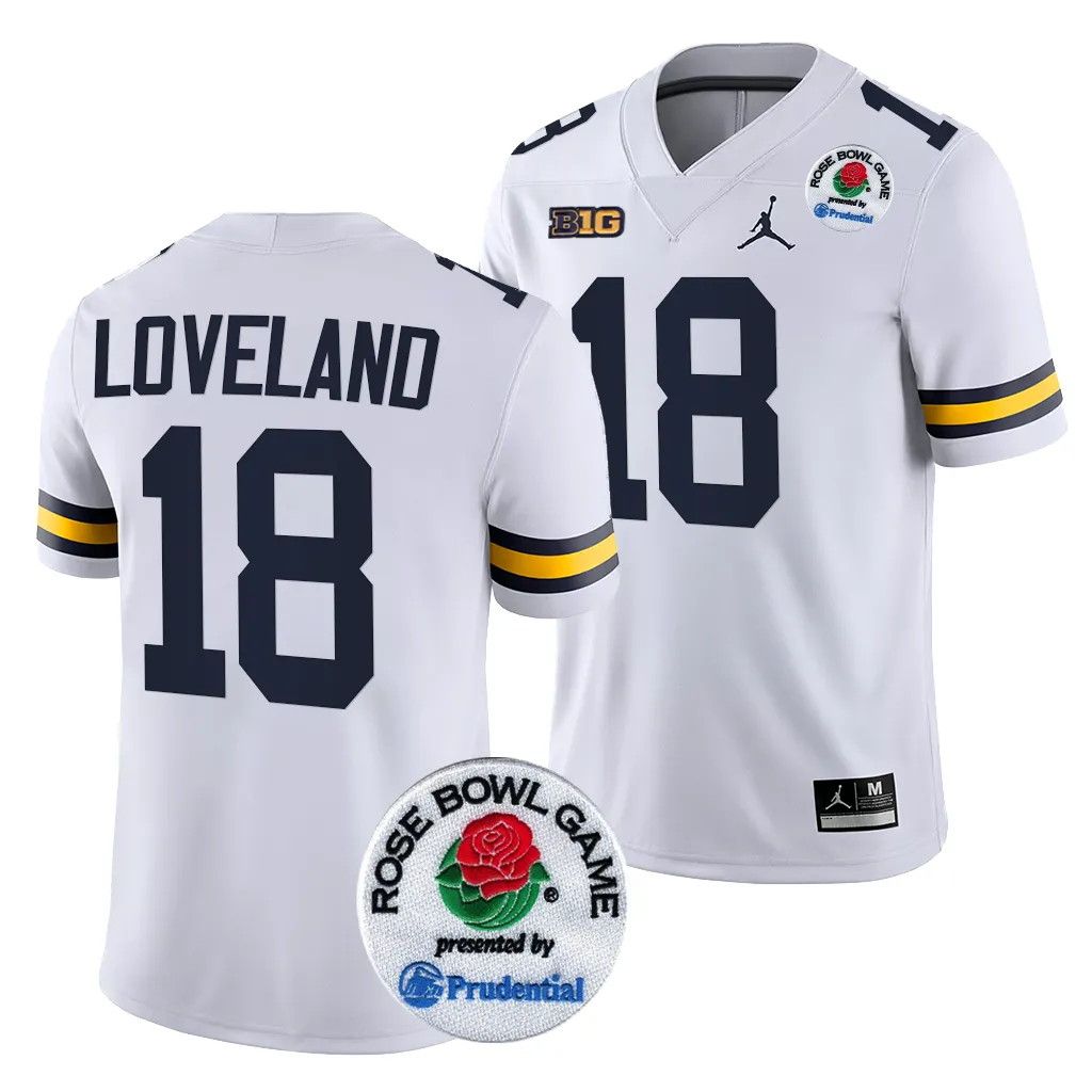 Michigan Wolverines Men's Colston Loveland #18 White 2024 Rose Bowl Playoff College Football Jersey 2415HHVB6