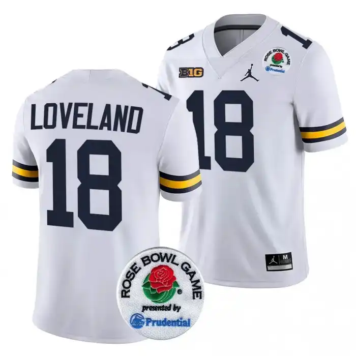 Michigan Wolverines Men's Colston Loveland #18 White 2024 Rose Bowl Playoff College Football Jersey 2415PKMT2