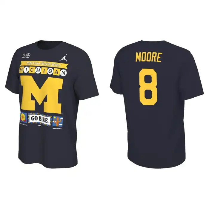 Michigan Wolverines Men's Derrick Moore #8 Playoff 2022 Fiesta Bowl Illustrated Navy College Football T-Shirt 2415DSHI4