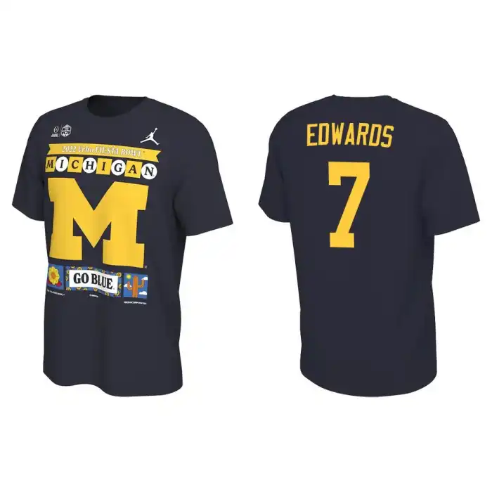 Michigan Wolverines Men's Donovan Edwards #7 Playoff 2022 Fiesta Bowl Illustrated Navy College Football T-Shirt 2415QAZZ6