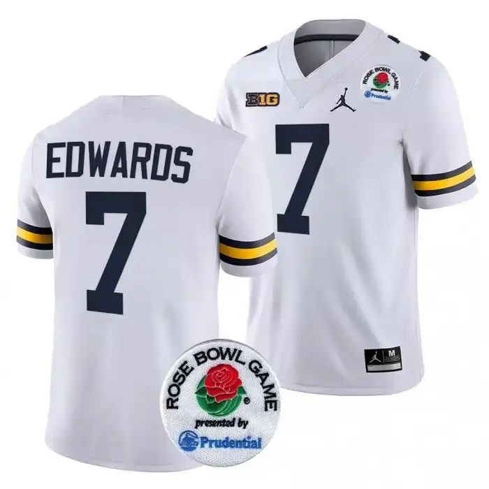 Michigan Wolverines Men's Donovan Edwards #7 White 2024 Rose Bowl Playoff College Football Jersey 2415NFKW8