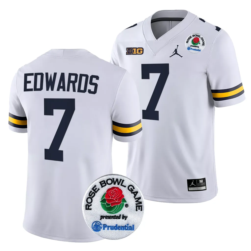 Michigan Wolverines Men's Donovan Edwards #7 White 2024 Rose Bowl Playoff College Football Jersey 2415UJXG5