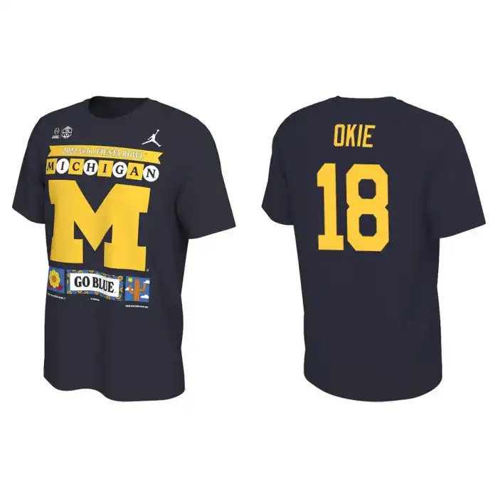 Michigan Wolverines Men's Eyabi Okie #18 Playoff 2022 Fiesta Bowl Illustrated Navy College Football T-Shirt 2415JGML8