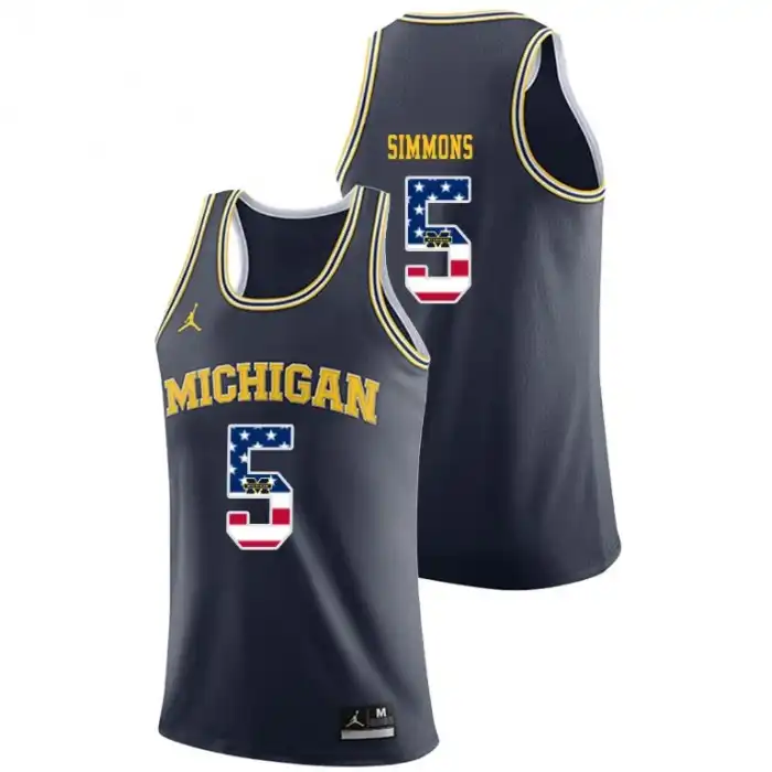 Michigan Wolverines Men's Jaaron Simmons #5 USA Flag Navy College Basketball Jersey 2415QNOE8