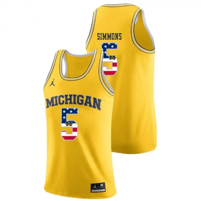 Michigan Wolverines Men's Jaaron Simmons #5 USA Flag Yellow College Basketball Jersey 2415GBQC4