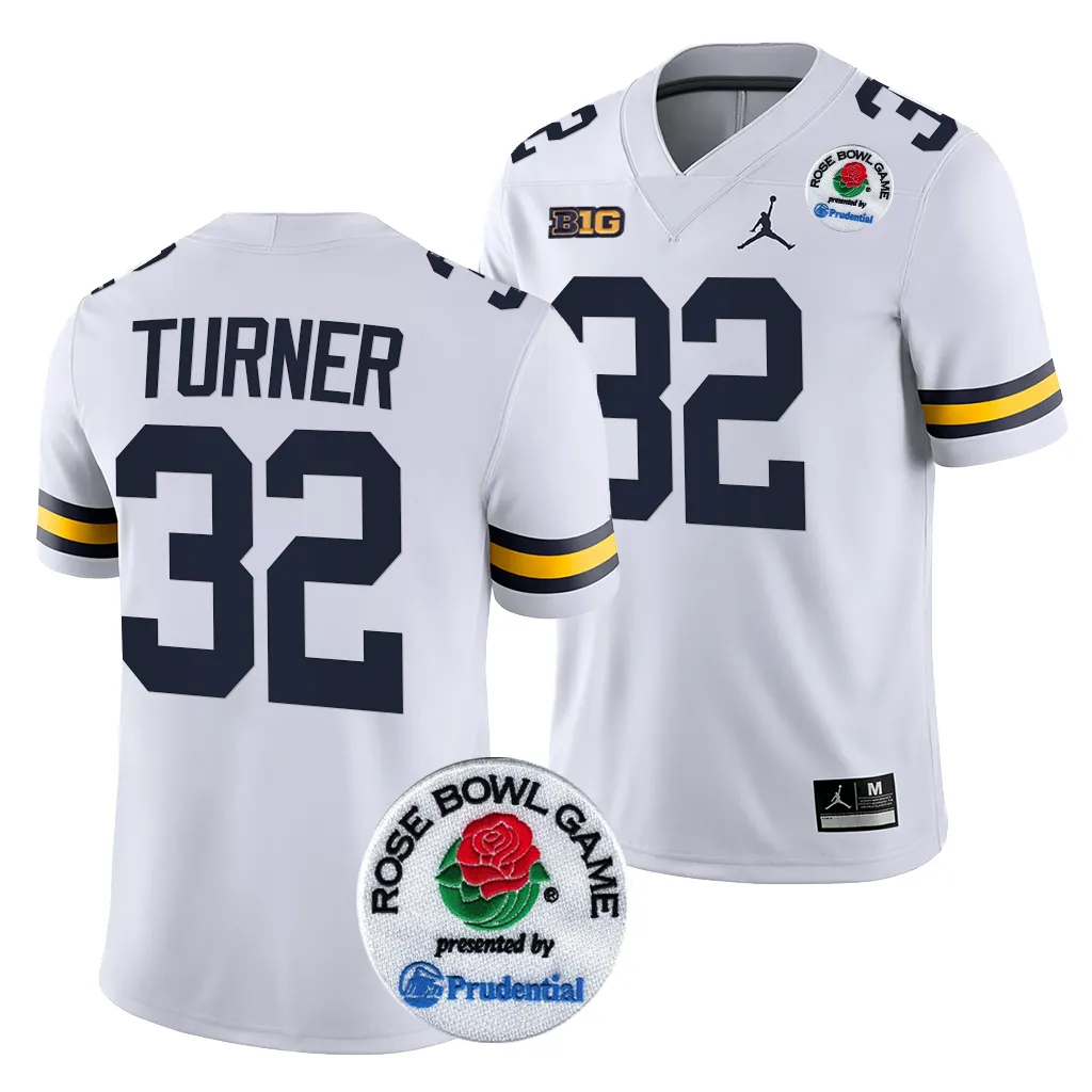 Michigan Wolverines Men's James Turner #32 White 2024 Rose Bowl Playoff College Football Jersey 2415KYYG0