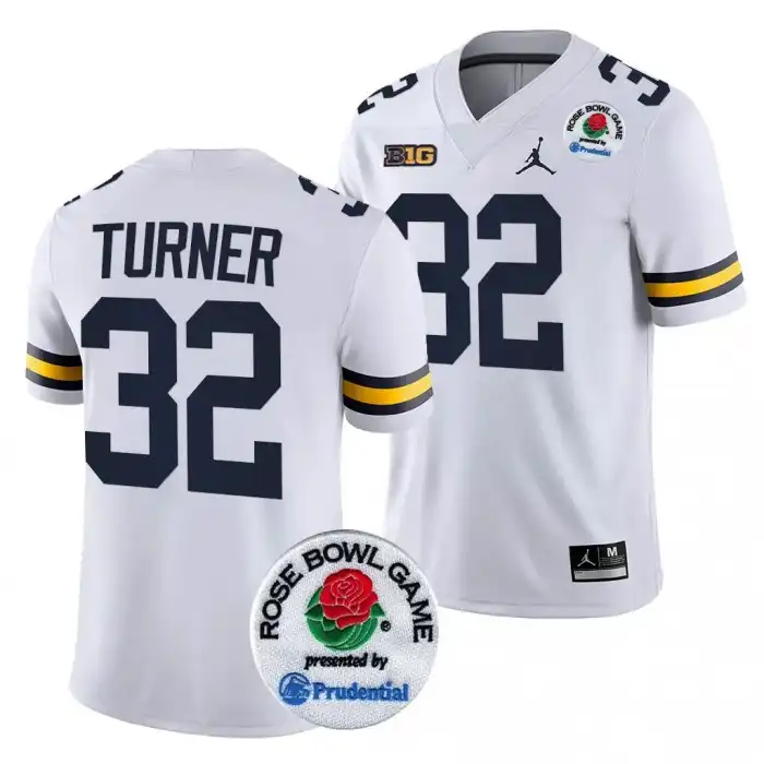 Michigan Wolverines Men's James Turner #32 White 2024 Rose Bowl Playoff College Football Jersey 2415RRUZ4