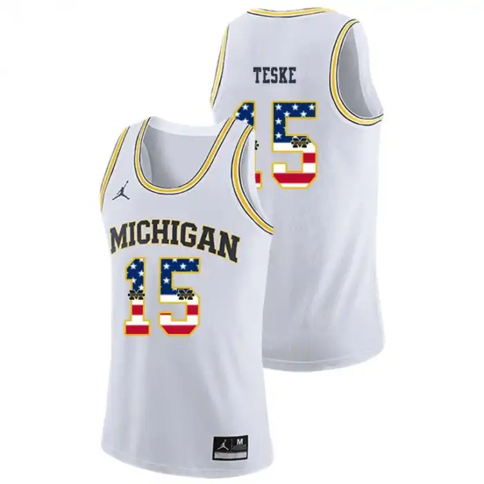 Michigan Wolverines Men's Jon Teske #15 USA Flag White College Basketball Jersey 2415KGWW7