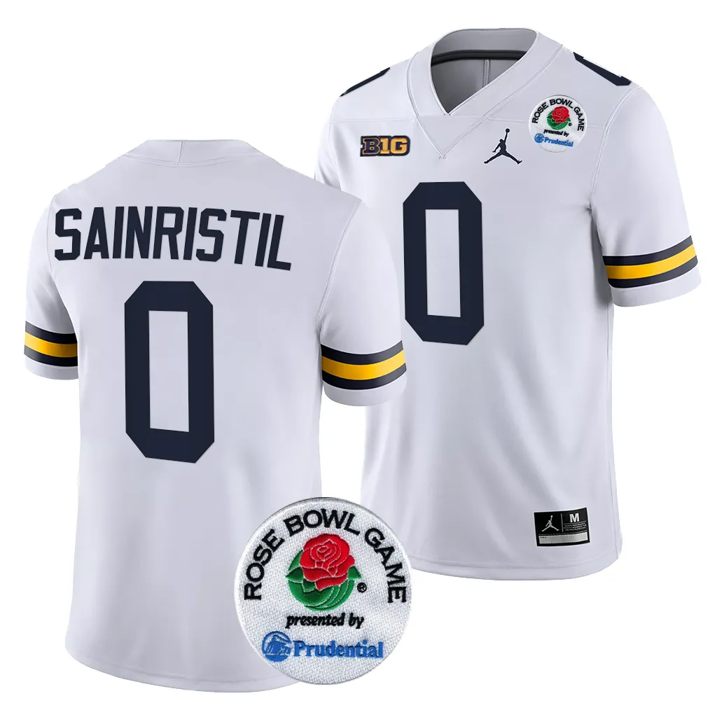 Michigan Wolverines Men's Mike Sainristil #0 White 2024 Rose Bowl Playoff College Football Jersey 2415KJDB8