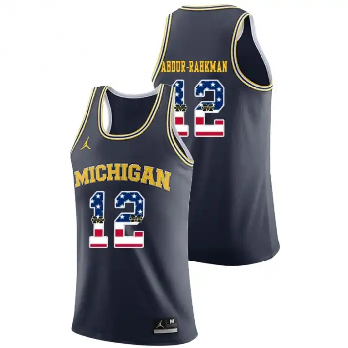 Michigan Wolverines Men's Muhammad-Ali Abdur-Rahkman #12 USA Flag Navy College Basketball Jersey 2415VYAF5