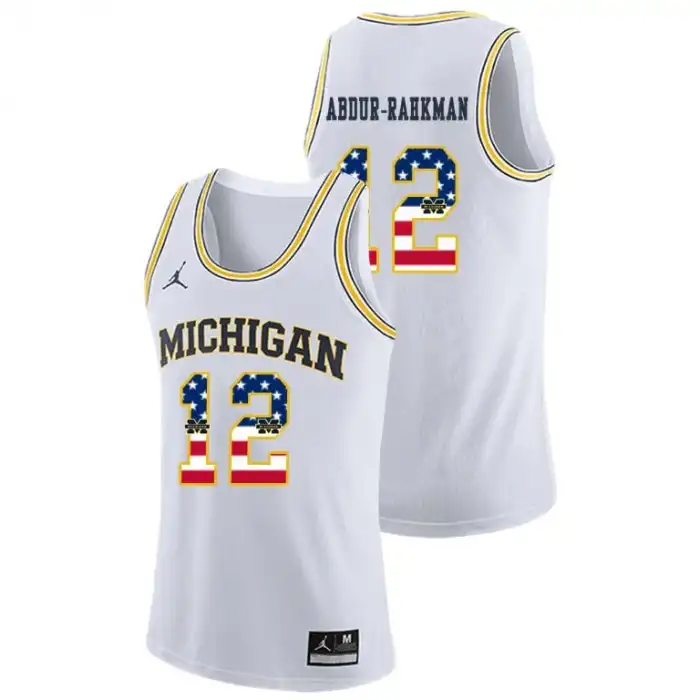 Michigan Wolverines Men's Muhammad-Ali Abdur-Rahkman #12 USA Flag White College Basketball Jersey 2415EZUL6