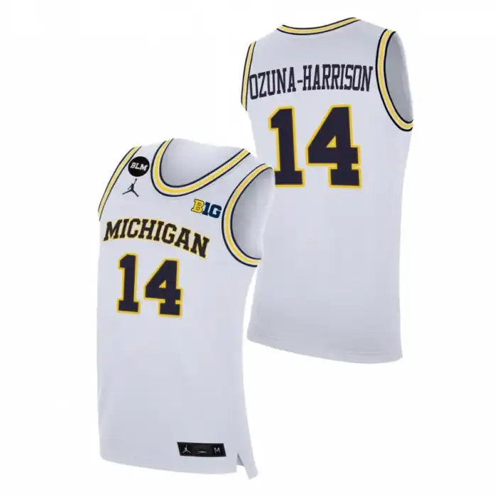 Michigan Wolverines Men's Rico Ozuna-Harrison #14 BLM White College Basketball Jersey 2415FYMM7