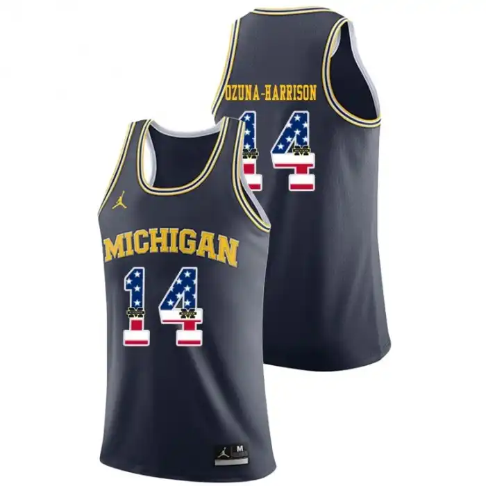 Michigan Wolverines Men's Rico Ozuna-Harrison #14 USA Flag Navy College Basketball Jersey 2415JHQR5