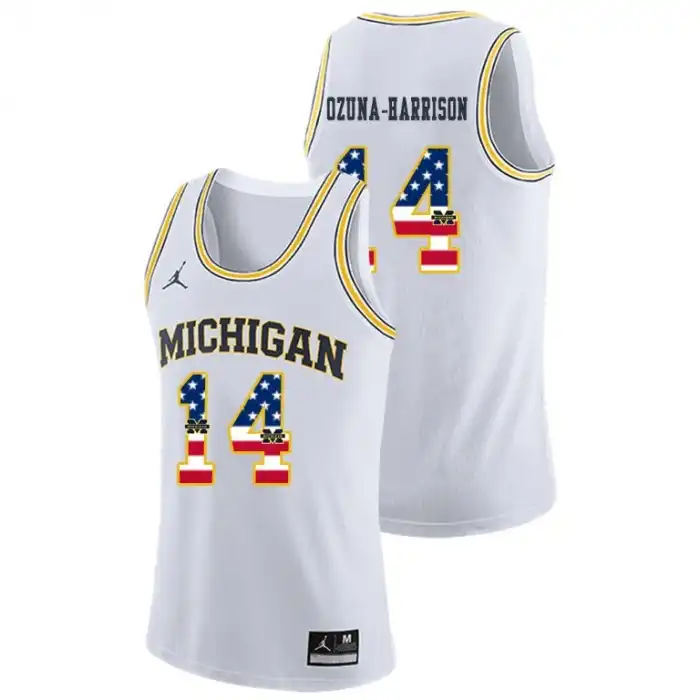 Michigan Wolverines Men's Rico Ozuna-Harrison #14 USA Flag White College Basketball Jersey 2415KPQZ3