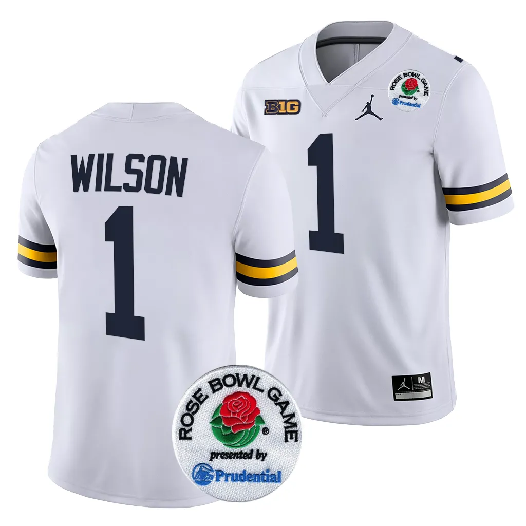 Michigan Wolverines Men's Roman Wilson #1 White 2024 Rose Bowl Playoff College Football Jersey 2415FGAO6