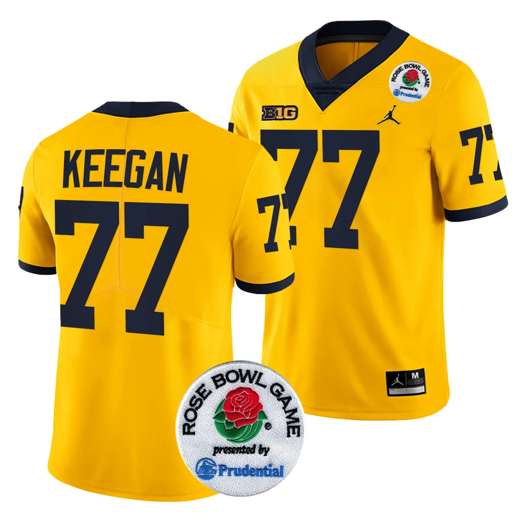 Michigan Wolverines Men's Trevor Keegan #77 Maize 2024 Rose Bowl Playoff College Football Jersey 2415TQOI2