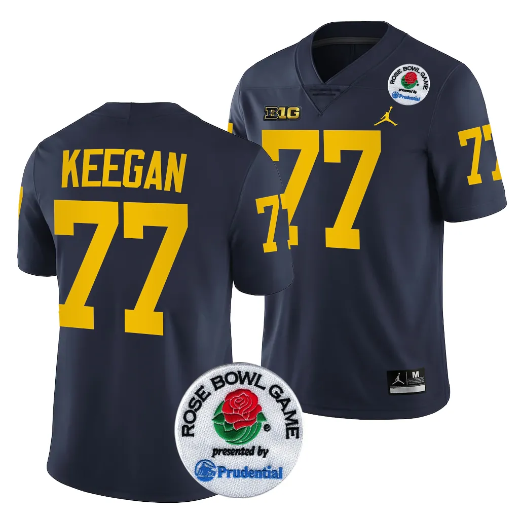 Michigan Wolverines Men's Trevor Keegan #77 Navy 2024 Rose Bowl Playoff College Football Jersey 2415UGRA5