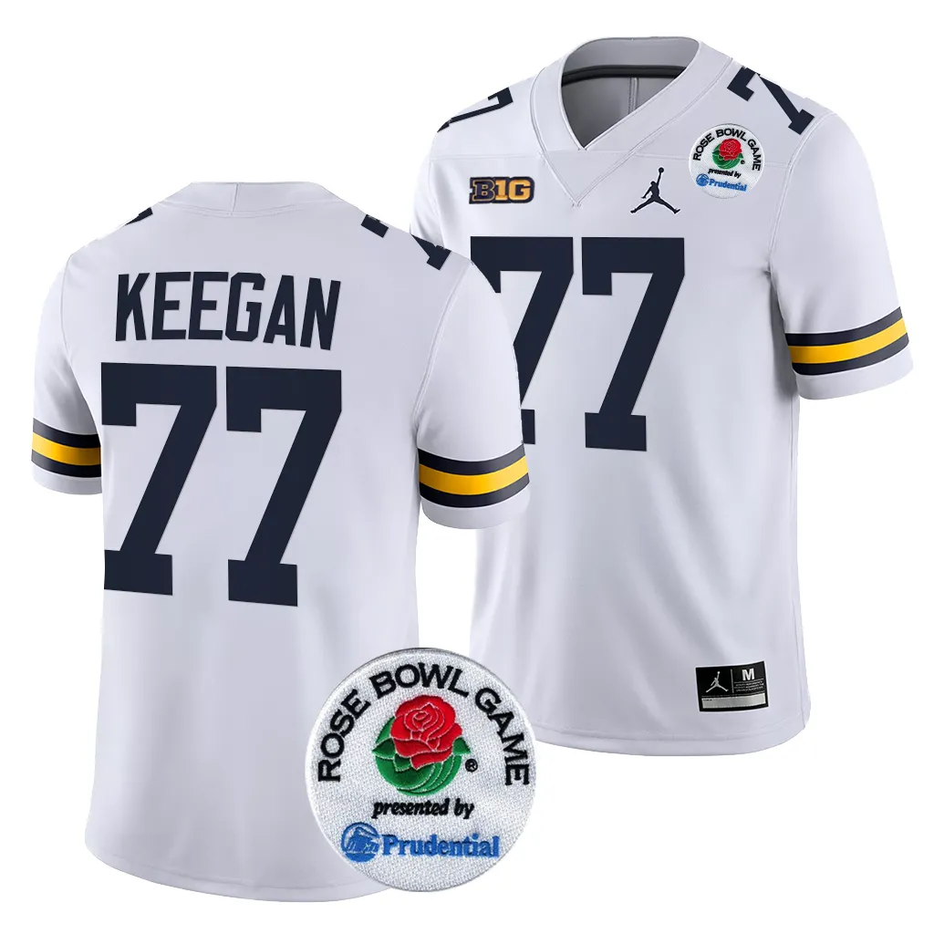 Michigan Wolverines Men's Trevor Keegan #77 White 2024 Rose Bowl Playoff College Football Jersey 2415RFTU2