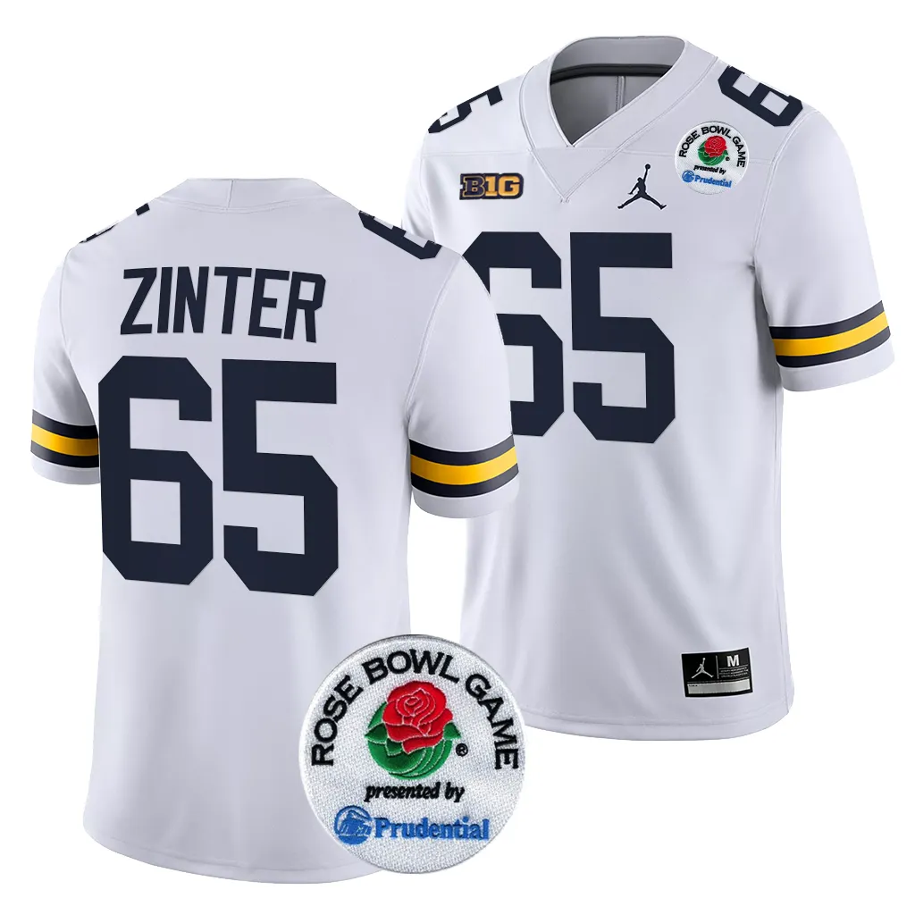 Michigan Wolverines Men's Zak Zinter #65 White 2024 Rose Bowl Playoff College Football Jersey 2415FJOP3